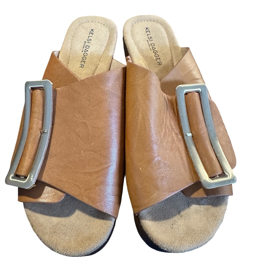 Kelsi Dagger Cognac Leather Slide Mules with Buckle Accent